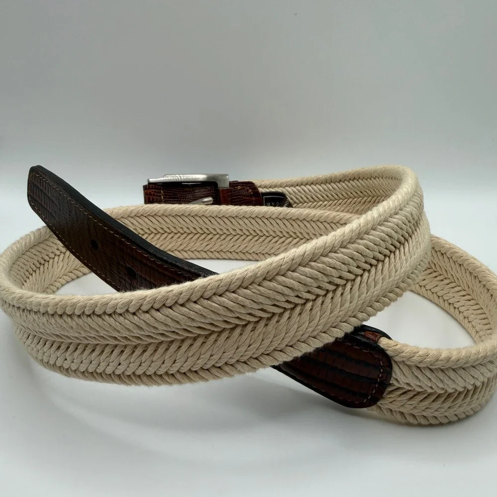 Trafalgar Mens Woven Cotton Rope Belt Lizard Embossed Leather Trim 38 Brown‎ USA